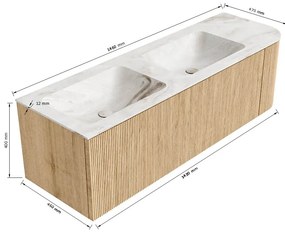 Mondiaz Kurve-dlux 145cm badmeubel ronding rechts oak met 1 lade en deur en wastafel leaf dubbel/links 2 kraangaten lava