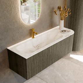 Mondiaz Kurve-dlux 135cm badmeubel ronding rechts shadow met 1 lade en deur en wastafel big medium kraangat links frappe
