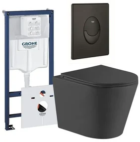 QeramiQ Dely Toiletset - Grohe inbouwreservoir - mat zwarte bedieningsplaat - ovaal toilet - zitting - mat zwart 0729205/SW1026253/SW656735/SW1000768