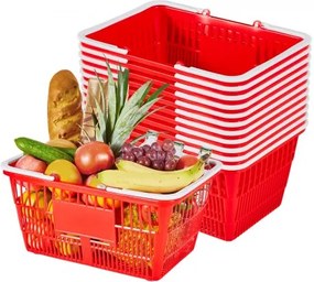 VEVOR Boodschappenmand, 12 stuks, 21 L, PE-kunststof draagmand met handvatten, universele mand, draagvermogen tot 9,07 kg, picknickmand voor levensmiddelen, detailhandel, winkels, supermarkten, thuisgebruik, rood