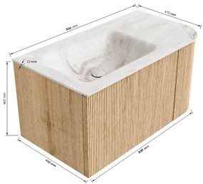 Mondiaz Kurve-dlux 85cm badmeubel ronding rechts oak met 1 lade en deur en wastafel cloud links zonder kraangat lava