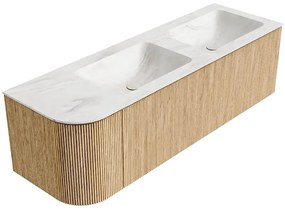 Mondiaz Kurve-dlux 145cm badmeubel ronding links oak met 1 lade en deur en wastafel leaf dubbel/rechts zonder kraangat ostra