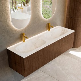 Mondiaz Kurve-dlux 150cm badmeubel walnut met 2 lades en wastafel stor small dubbel 2 kraangaten frappe