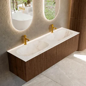 Mondiaz Kurve-dlux 150cm badmeubel walnut met 2 lades en wastafel stor small dubbel 2 kraangaten frappe