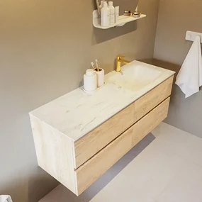 Mondiaz Vica DLux badmeubel 130cm washed oak 4 lades met wastafel opalo rechts 1 kraangat