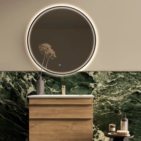 Saniclear Circle Black ronde spiegel met verwarming, direct en indirect licht mat zwart 60cm