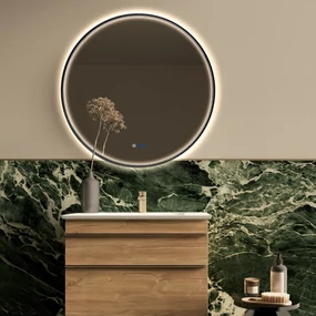 Saniclear Circle Black ronde spiegel met verwarming, direct en indirect licht mat zwart 60cm