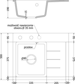 Mexen Ben granieten spoelbak 1-komps met afdruiprek, links 600 x 500 mm, zwart, chroomsifon - 6522605000-77