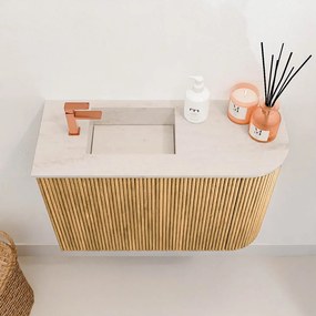 Mondiaz Joya DLux 60cm toiletmeubel ronding rechts oak met wastafel faye links 1 kraangat meli