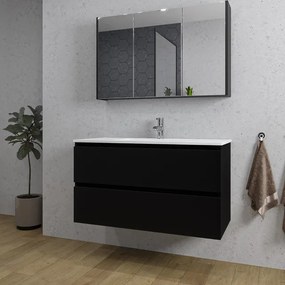 Adema Chaci Badkamermeubelset - 100x46x57cm - 1 keramische wasbak wit - 1 kraangat - 2 lades - Spiegelkast - mat zwart SW1212776/SW1212817/SW812071/SW804532