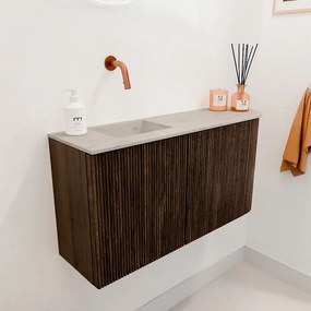 Mondiaz Joya DLux 80cm toiletmeubel ronding rechts walnut met wastafel faye links zonder kraangat opalo