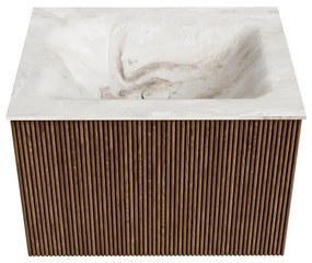 Mondiaz Kurve-dlux 60cm badmeubel walnut met 1 lade en wastafel cloud midden 1 kraangat frappe