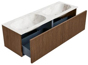 Mondiaz Kurve-dlux 140cm badmeubel walnut met 2 lades en wastafel stor small dubbel zonder kraangat frappe