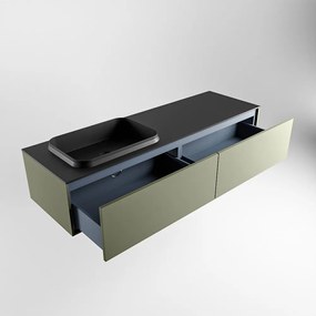 Mondiaz Erin 150cm badmeubel Army met 2 lades en zwarte wastafel links zonder kraangaten