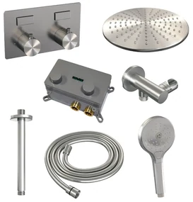 Brauer Brushed Carving thermostatische inbouw regendouche met 3 standen handdouche, plafondarm en hoofddouche 30cm set 60 RVS geborsteld PVD