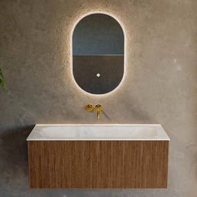 Mondiaz Kurve-dlux 110cm badmeubel walnut met 1 lade en wastafel big medium midden zonder kraangat opalo
