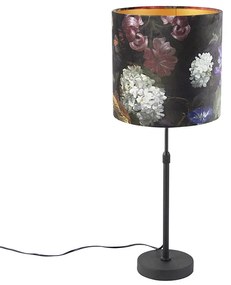 Stoffen Tafellamp zwart met velours kap bloemen met goud 25 cm - Parte Klassiek / Antiek E27 cilinder / rond rond Binnenverlichting Lamp