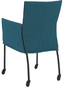 Goossens Eetkamerstoel Funk Zwarte Poten blauw stof met armleuning en Zwart skater wiel met zwarte kapmet wielen, modern design