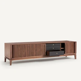 TV-HI-FI meubel in notelaar en leer, Liamca