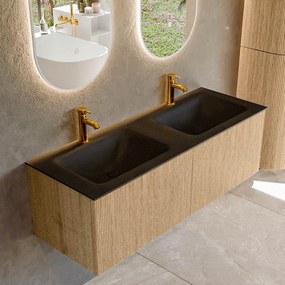 Mondiaz Kurve 130cm badmeubel oak met 2 lades en wastafel cloud dubbel 2 kraangaten urban