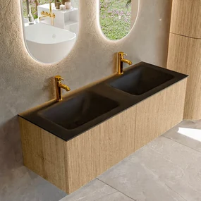 Mondiaz Kurve 130cm badmeubel oak met 2 lades en wastafel cloud dubbel 2 kraangaten urban