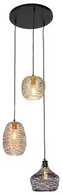 Hanglamp zwart goud en koper rond 3-lichts - Sarella Design E27 Binnenverlichting Lamp
