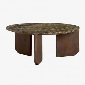 Ronde Salontafel Van Natuursteen En Mangohout Lavinia Ø70 Cm & Donker Handvat Hout & Groen Marmer Forest - Sklum