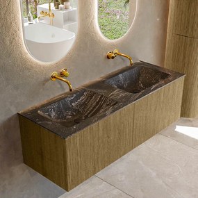 Mondiaz Kurve-dlux 130cm badmeubel dusk met 2 lades en wastafel leaf dubbel zonder kraangat lava