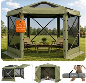 VEVOR Pop-up Paviljoen, 3,6 x 3,6 m, Grote 6-zijdige campingtent met afneembaar dak en draagtas, partytent, zonnescherm voor 8-10 personen, voor tuin en terras, groen