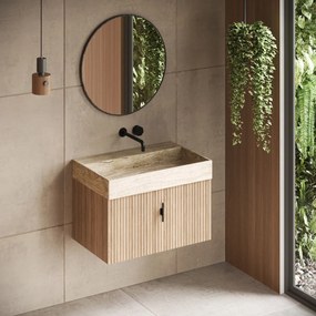 Muebles Zahora badmeubel ribbelfront 80cm naturel eiken met White Travertin wastafel zonder kraangat