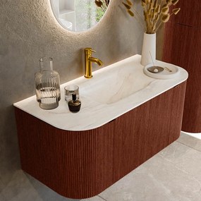 Mondiaz Kurve-dlux 100cm badmeubel ronding links/rechts ruby met 1 lade en 2 deuren en wastafel grunne midden 1 kraangat ostra