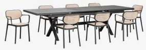 Uitschuifbare Rechthoekige Tafelset 240-300x100 Cm Karena En 8 Stapelbare Tuinstoelen Met Armleuningen Omara Grijs – Grafiet - Sklum