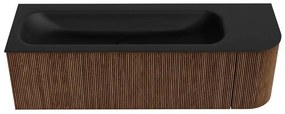 Mondiaz Kurve 145cm badmeubel ronding rechts walnut met 1 lade en deur en wastafel big large kraangat links urban
