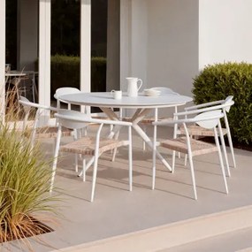 Valerie Ronde Aluminium Tafelset (ø125 Cm) En 6 Tuinstoelen Met Armleuningen In Aluminium En Synthetisch Rotan Marsha Gardenia Wit - Sklum