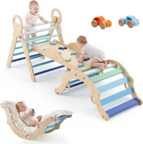 VEVOR Klimdriehoek, 9-in-1 klimspeelgoed met houten autootjes, kussen, klimdriehoek, glijbaan en klimboog, tot 68 kg, Montessori binnenspeelset voor kinderen van 1 tot 3 jaar, blauw