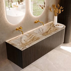 Mondiaz Kurve-dlux 145cm badmeubel ronding rechts shadow met 1 lade en deur en wastafel leaf dubbel/links zonder kraangat glace