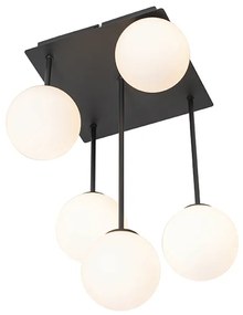 Moderne plafondlamp zwart met opaal glas 5-lichts  - Athens