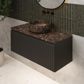 Fontana Dark Emperador ribbelfront badmeubel 100cm mat zwart met ronde waskom en toppaneel