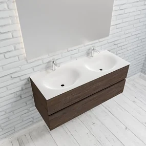 Zaro Sevilla Solid Surface badmeubel 120cm donker eiken 2 kraangaten dubbele spoelbak met 2 lades