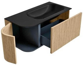 Mondiaz Kurve 95cm badmeubel ronding links oak met 1 lade en deur en wastafel big small kraangat rechts urban