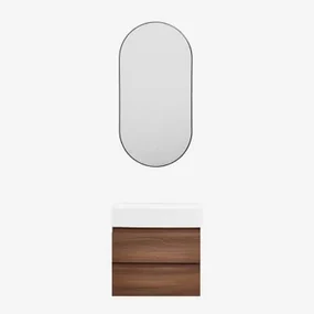 Badkamermeubelset Van Hout En Essenhoutfineer Met Geïntegreerde Wastafel Ona Donker Hout & Ovale Led En Anticondens Zwart 50x100 Cm Asteiro & - Sklum