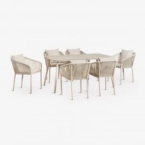 Rechthoekige Eettafelset 160x90 Cm Met 6 Eetkamerstoelen Van Gevlochten Touw Arhiza Classic Tapioca Beige - Sklum