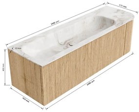 Mondiaz Kurve-dlux 145cm badmeubel ronding rechts oak met 1 lade en deur en wastafel big large links 2 kraangaten opalo