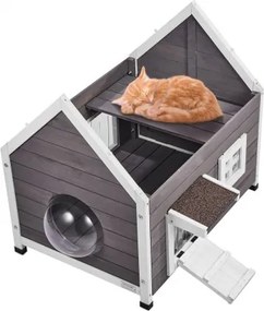 VEVOR Buitenkattenhuis, Weerbestendig Wildkattenhuis voor meerdere katten, Houten Buitenkattenhuis met Grote Zijdeur, PVC Deurkleppen, Open Dak en Doorzichtig Venster, 56 cm L x 76 cm B x 66 cm H