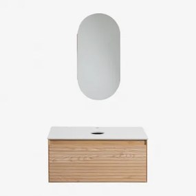 Tedrik Zwevend Badkamermeubelset Van Essenhout Ash Brown & Without Sink & Ovaal Met Opbergruimte 45x90 Cm Abner & Zonder Kraan - Sklum