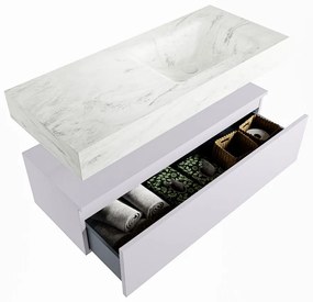 Mondiaz Alan DLux badmeubel 110cm cale 1 lade met wastafel opalo rechts 1 kraangat