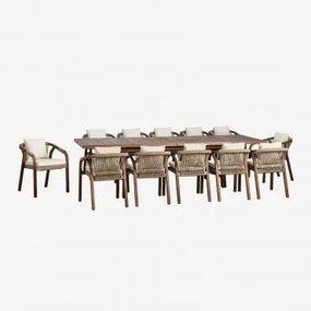 Set Van Een Rechthoekige Uitschuifbare Tafel 200-260-320x100 Cm En 12 Eetkamerstoelen Met Armleuningen Van Acaciahout Dubai Stof Gardenia Wit & Donker