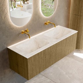 Mondiaz Kurve-dlux 130cm badmeubel dusk met 2 lades en wastafel leaf dubbel zonder kraangat frappe