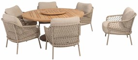 4 Seasons Outdoor Sardinia low dining set latte met Saba tafel latte met teak blad Ø 160 cm  Tuinset    beige weerbestendig