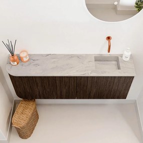 Mondiaz Joya DLux 110cm toiletmeubel ronding links walnut met wastafel faye rechts zonder kraangat glace